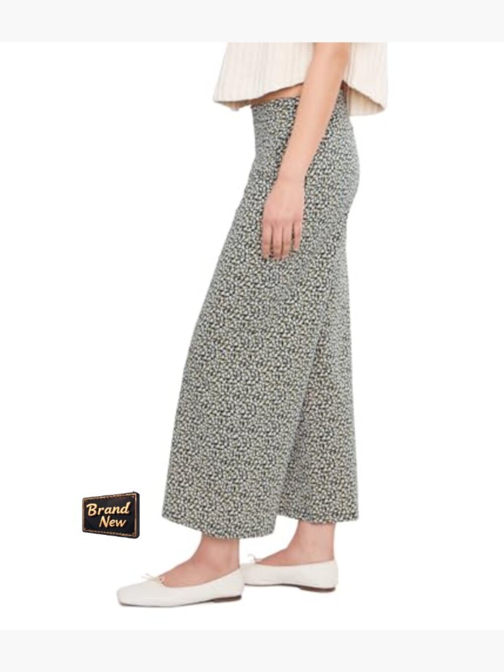Wide Leg Crop Pants Ruched Elastic Waist Mid Rise 25 Inseam - Picture 3 of 5